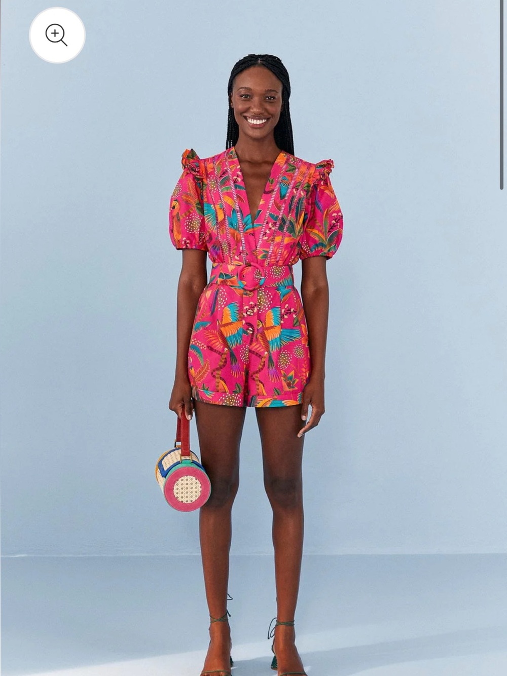 FARM Rio Pink Tropical Print Puff-Sleeve Short Jumpsuit